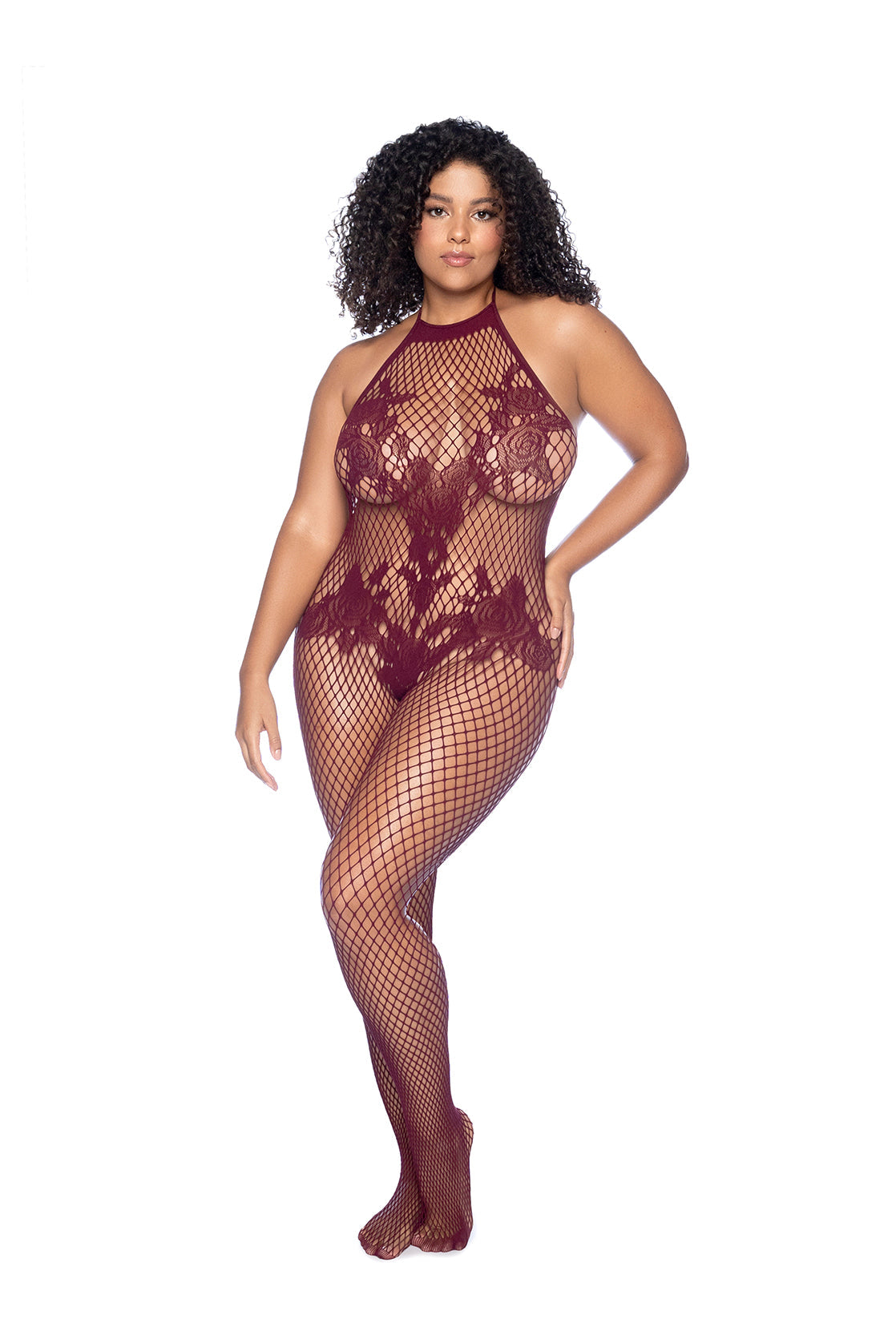 Complete bodystocking that hugs your curves like no other, featuring strategically placed floral details at the front and a sultry low-back design. Crotchless.