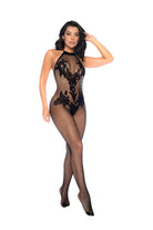 Complete bodystocking that hugs your curves like no other, featuring strategically placed floral details at the front and a sultry low-back design. Crotchless.