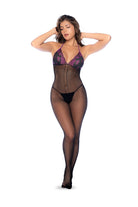 Show off your curves in this stylish fishnet bodystocking with lace cups, contrast trim details, halter neckline and low back.