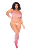 Playful and colorful ombre bodystocking in a bold fence net design and floral details.