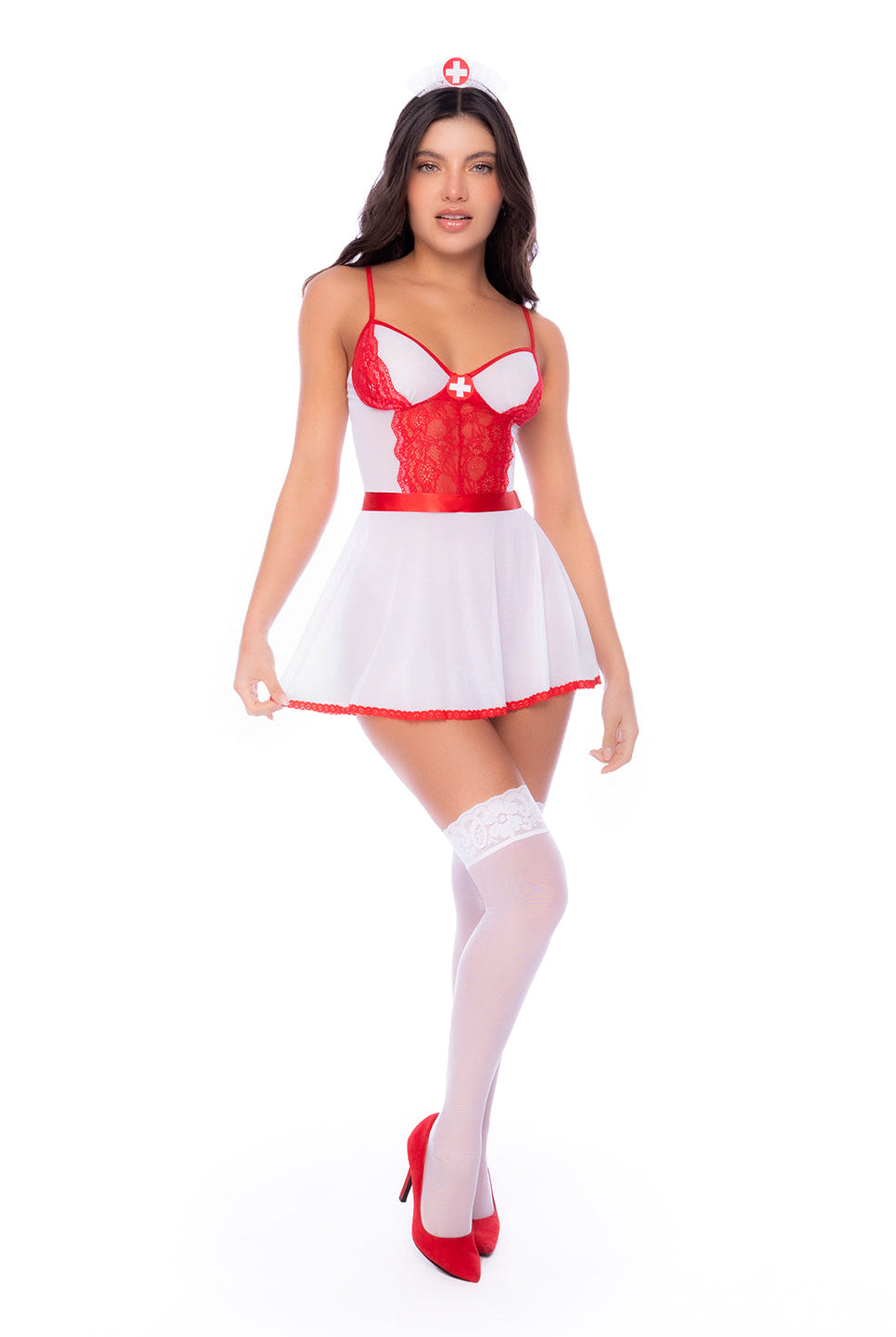 Three-piece set featuring a lace bodice with adjustable straps, matching thong, and mini skirt with tie-back detail. Flirty and playful with a nurse-inspired vibe.
