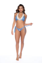 A stylish two-piece swimsuit crafted in a denim bandana stitching print perfect for a bold, fun look. Features supportive top with fringe details and side-tie medium coverage bottom.