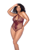 A versatile fishnet bodysuit that can be styled with either a halter or crossed neckline. It features front floral details and an alluring lace-up design at the back.