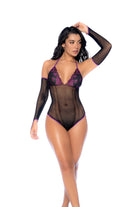 Romantic fishnet bodysuit with lace cups, contrasting trim details, and a halter neckline. Complete the look with the matching gloves included.