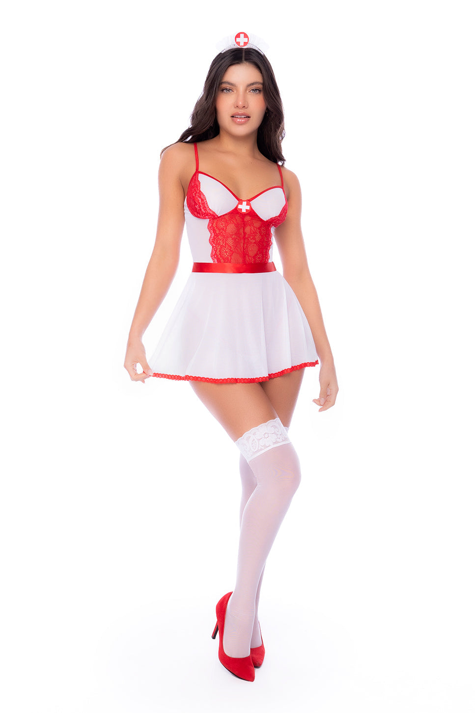 Three-piece set featuring a lace bodice with adjustable straps, matching thong, and mini skirt with tie-back detail. Flirty and playful with a nurse-inspired vibe.
