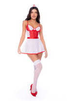 Three-piece set featuring a lace bodice with adjustable straps, matching thong, and mini skirt with tie-back detail. Flirty and playful with a nurse-inspired vibe.