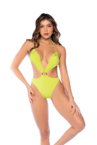 A fashionable one-piece swimsuit, ideal for a stylish vacation, featuring a tortoise ring detail and a medium-coverage bottom.