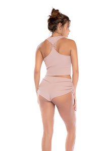 One of our most loved styles in a softer shade. Two-piece set in rosewood ribbed fabric,  embroidered appliqué detail on the back and adjustable length drawstrings on the sides.