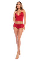 Get in the spirit with this two-piece set with in a seasonal red with eyelash lace trims. Adjustable straps and fitted silhouette.