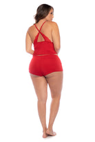 Get in the spirit with this two-piece set with in a seasonal red with eyelash lace trims. Adjustable straps and fitted silhouette.