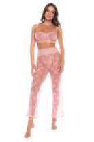 A sophisticated two-piece set in a floral lace. Includes top with adjustable straps and long pants.