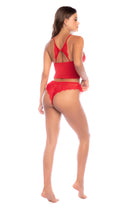 Classic two-piece set in a vibrant red. Includes stretch fabric top with eyelash lace trims and adjustable straps, matching lace panty.