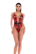 Sheer mesh and printed teddy with a plunging neckline and adjustable straps. Bold and eye-catching with a striking silhouette.