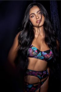 Shop our latest bra sets, imagery of our standard size model with a 3 piece set with flowers
