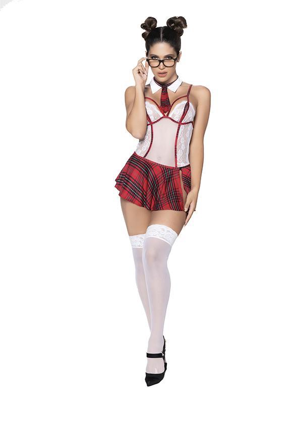 Plaid schoolgirl costume, Peek-a-boo cups, bodysuit crafted in lace, contrasting seams, plaid print, adjustable straps, peek-a-boo cups, adjustable hook and eye crotch closure, microfiber plaid printed skirt, collar, tie, Mapale sexy costumes.