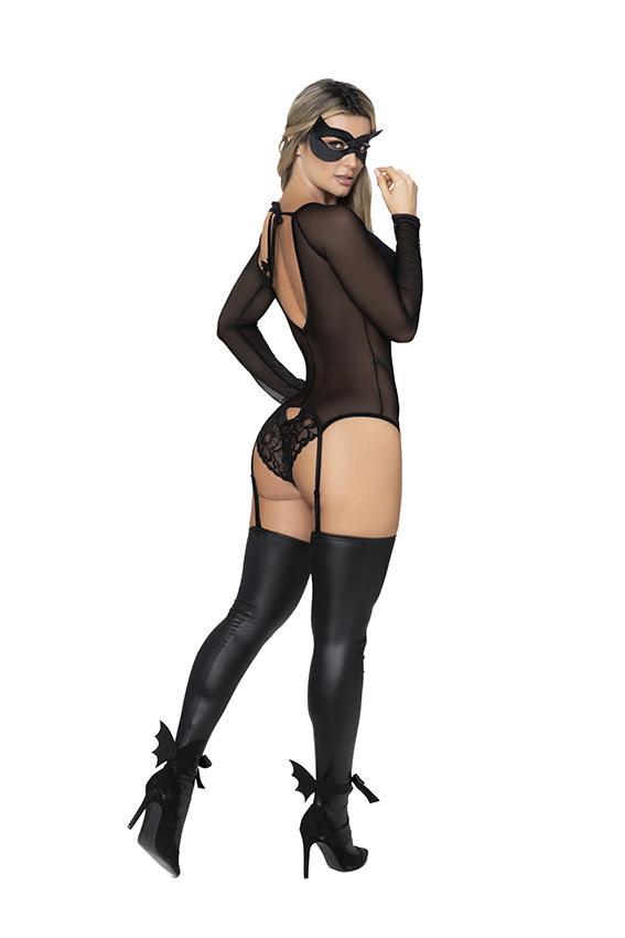 Batwoman costume, black costume, halloween costume, sexy lingerie, sexy costume, hot costume, women's costume, long sleeve bodysuit, bodysuit, garters.