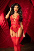 Red bodysuit, transparency, heart lace, underwire, garter belts, heart accessory, adjustable straps, adjustable crotch fastening, Mapale sexy lingerie, red teddy.